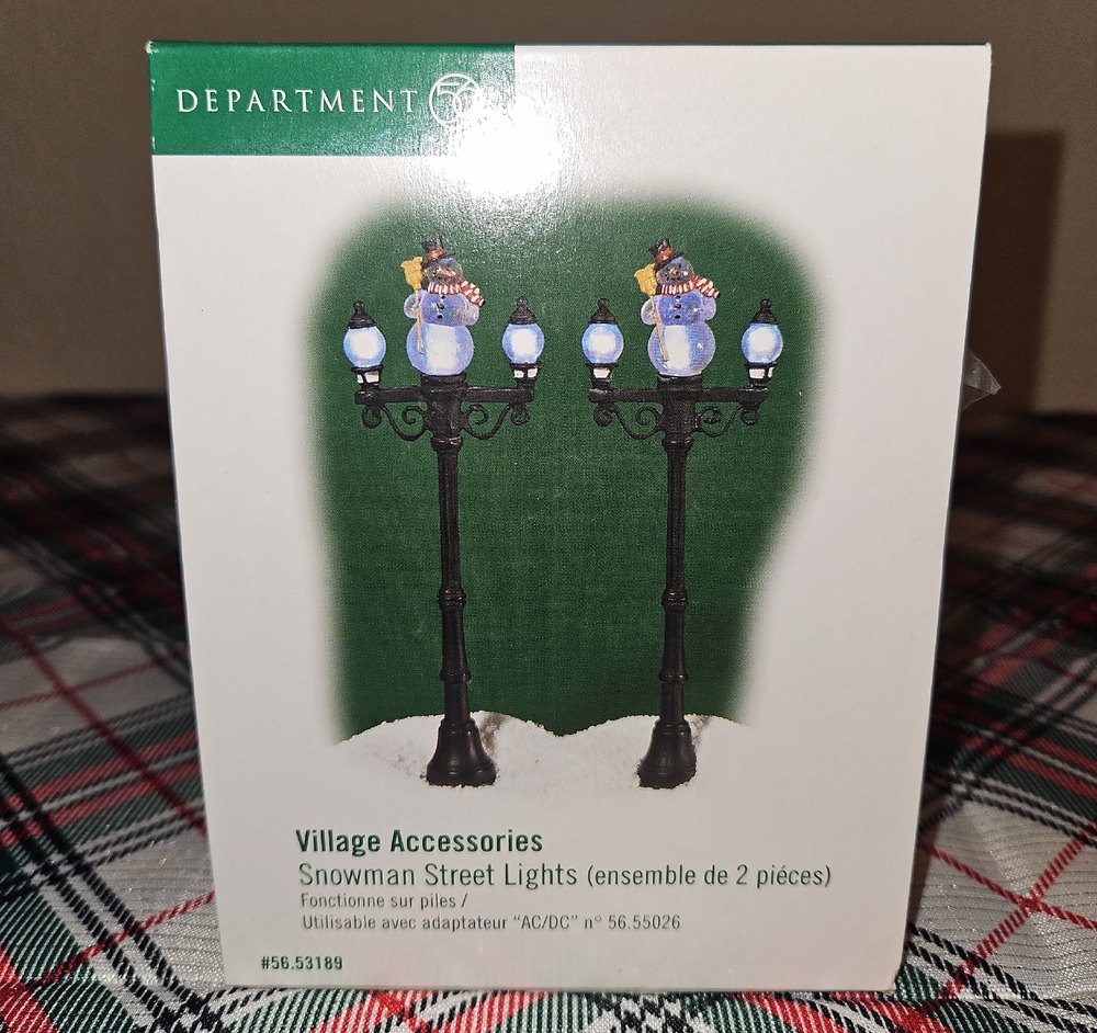Department 56 Snowman Street Lights - Black posts with White/Blue globes NIB